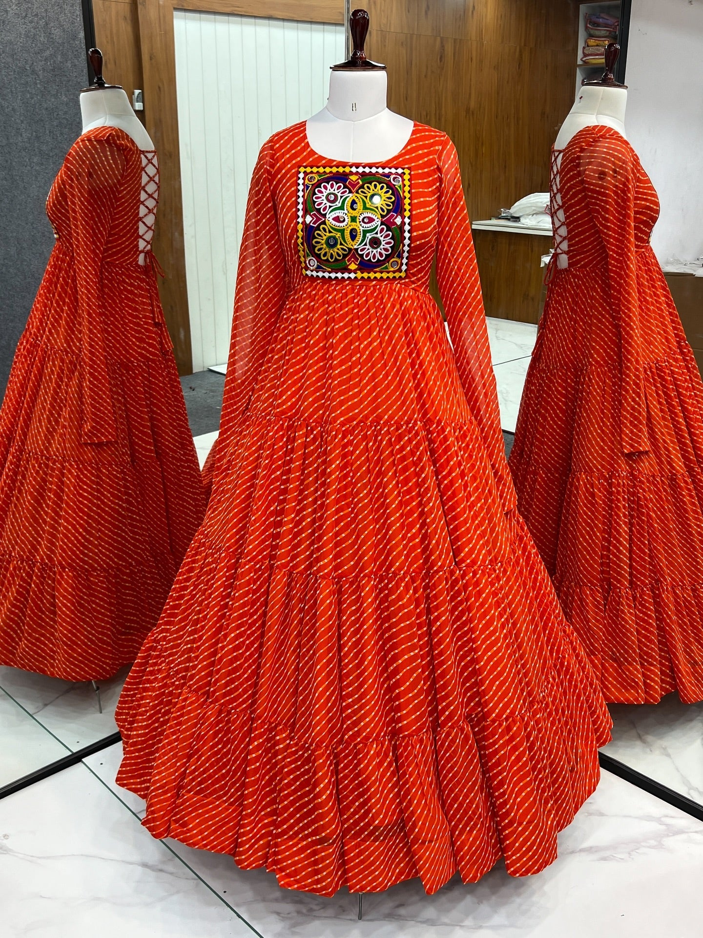 Manvitha orange georgette Leheriya printed Navratri gown