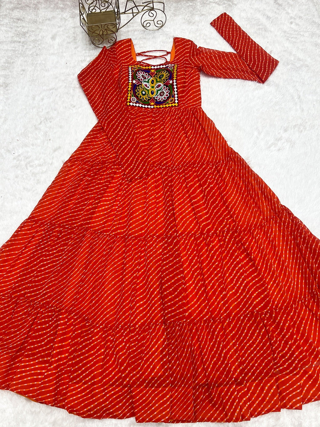 Manvitha orange georgette Leheriya printed Navratri gown