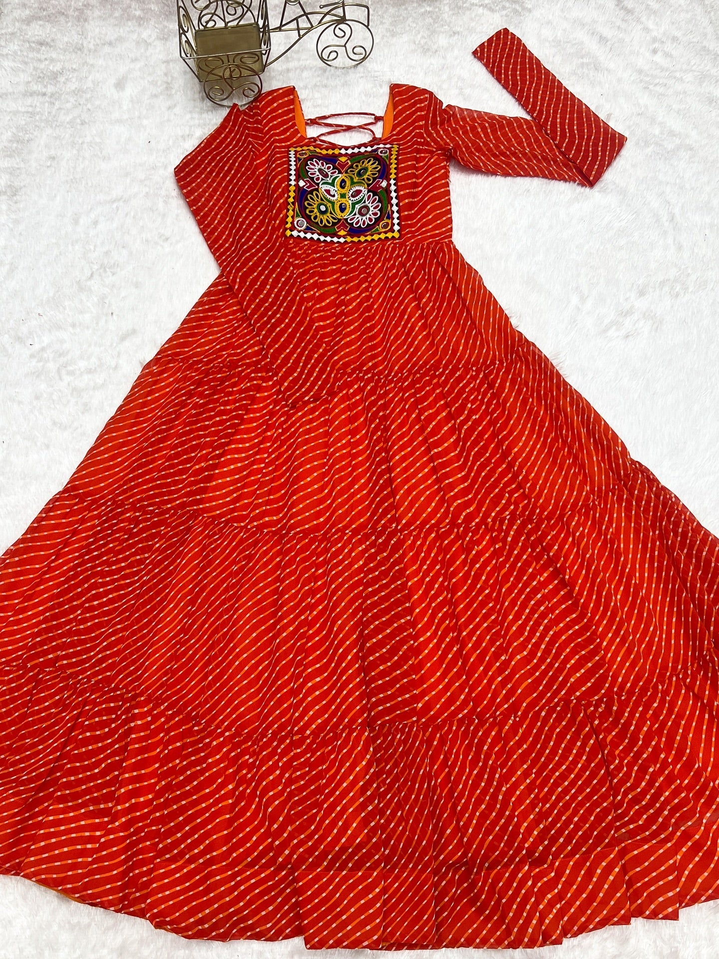 Manvitha orange georgette Leheriya printed Navratri gown