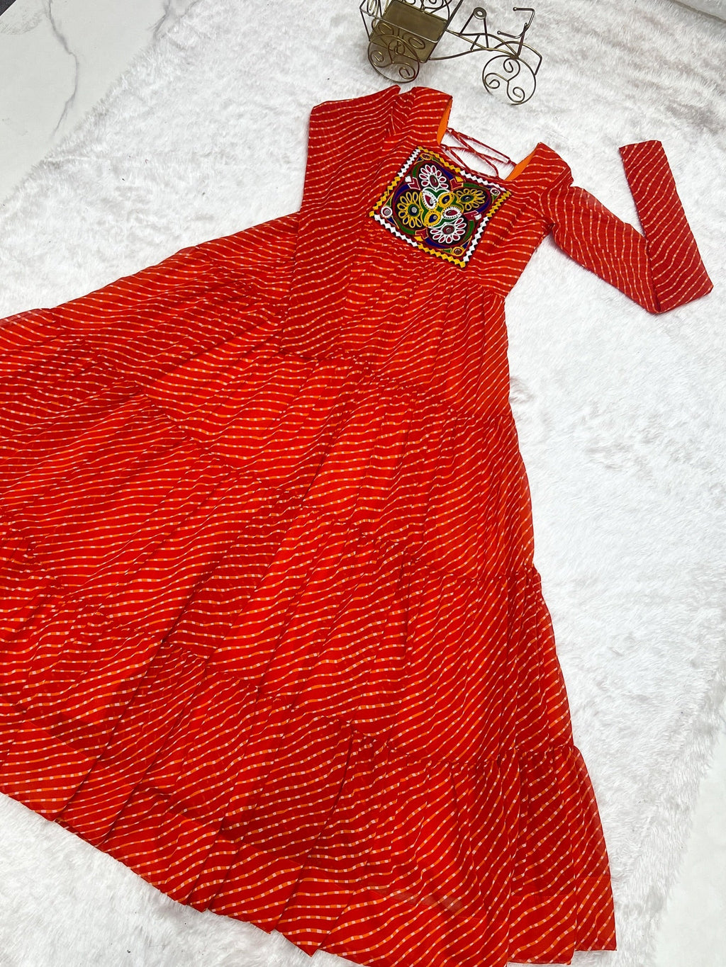 Manvitha orange georgette Leheriya printed Navratri gown