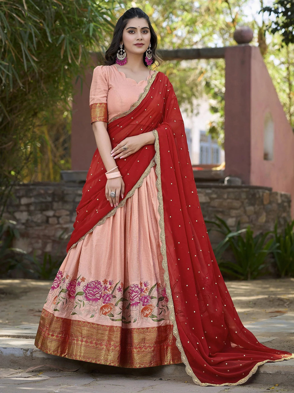 Elegant peach cotton silk lehenga choli set with intricate embroidery and dupatta
