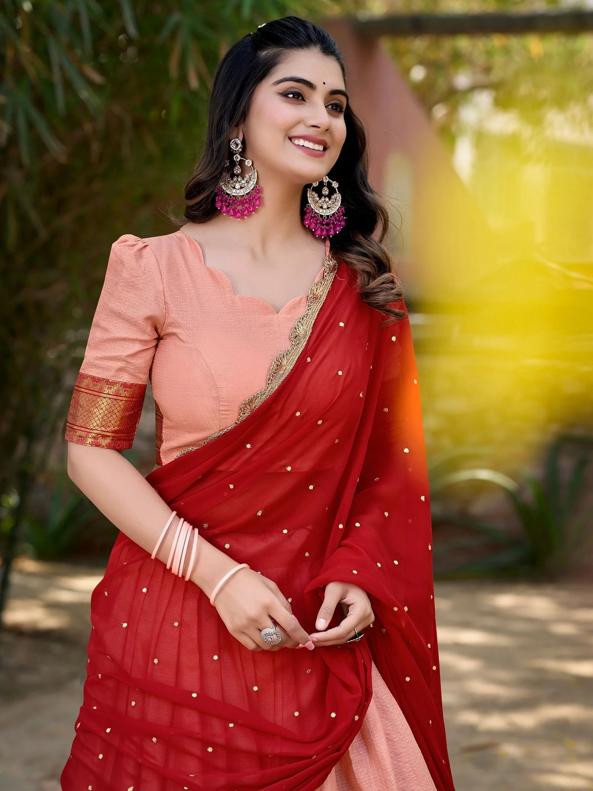 Elegant peach cotton silk lehenga choli set with intricate embroidery and dupatta