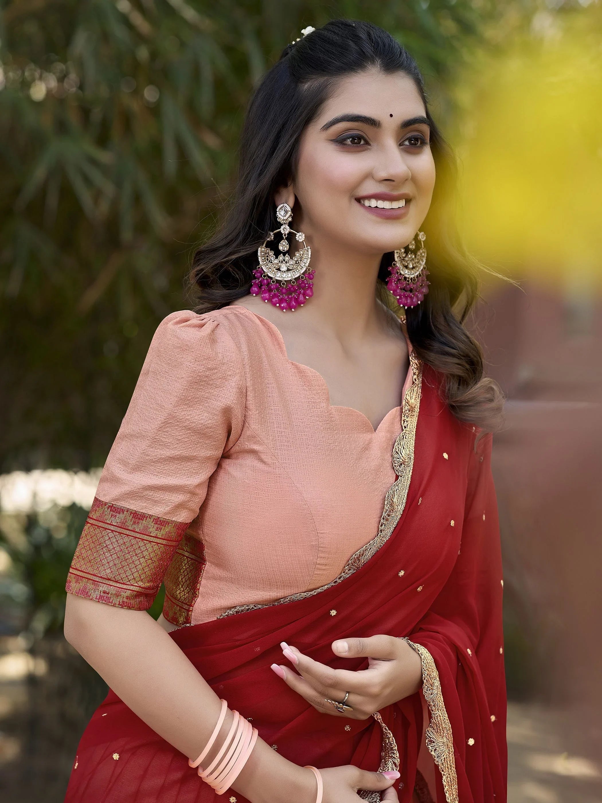 Elegant peach cotton silk lehenga choli set with intricate embroidery and dupatta