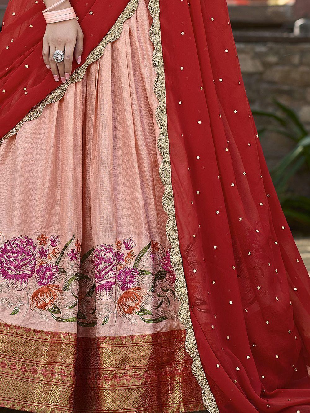Elegant peach cotton silk lehenga choli set with intricate embroidery and dupatta