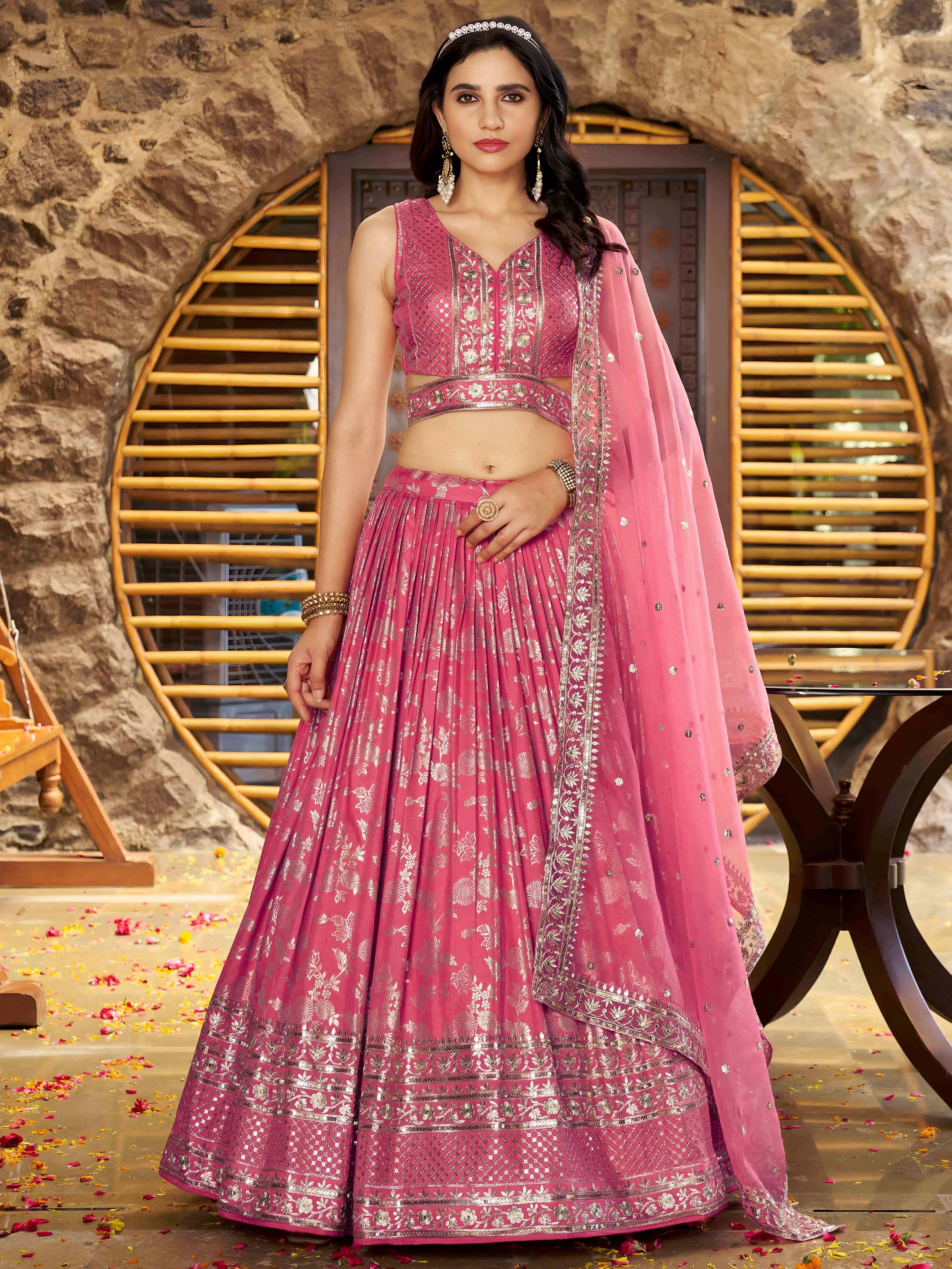 Peach Dola silk jacquard embroidered lehenga choli with dupatta