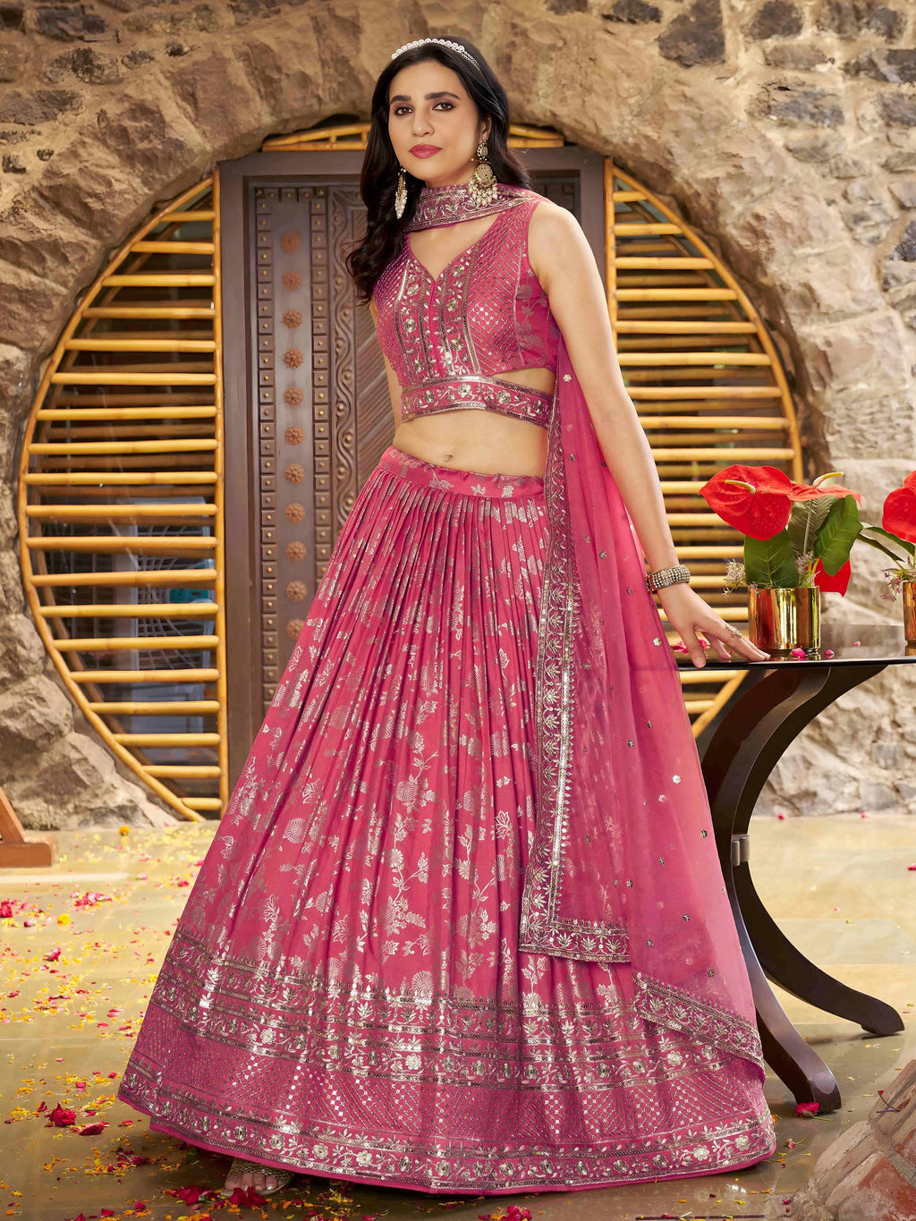 Peach Dola silk jacquard embroidered lehenga choli with dupatta