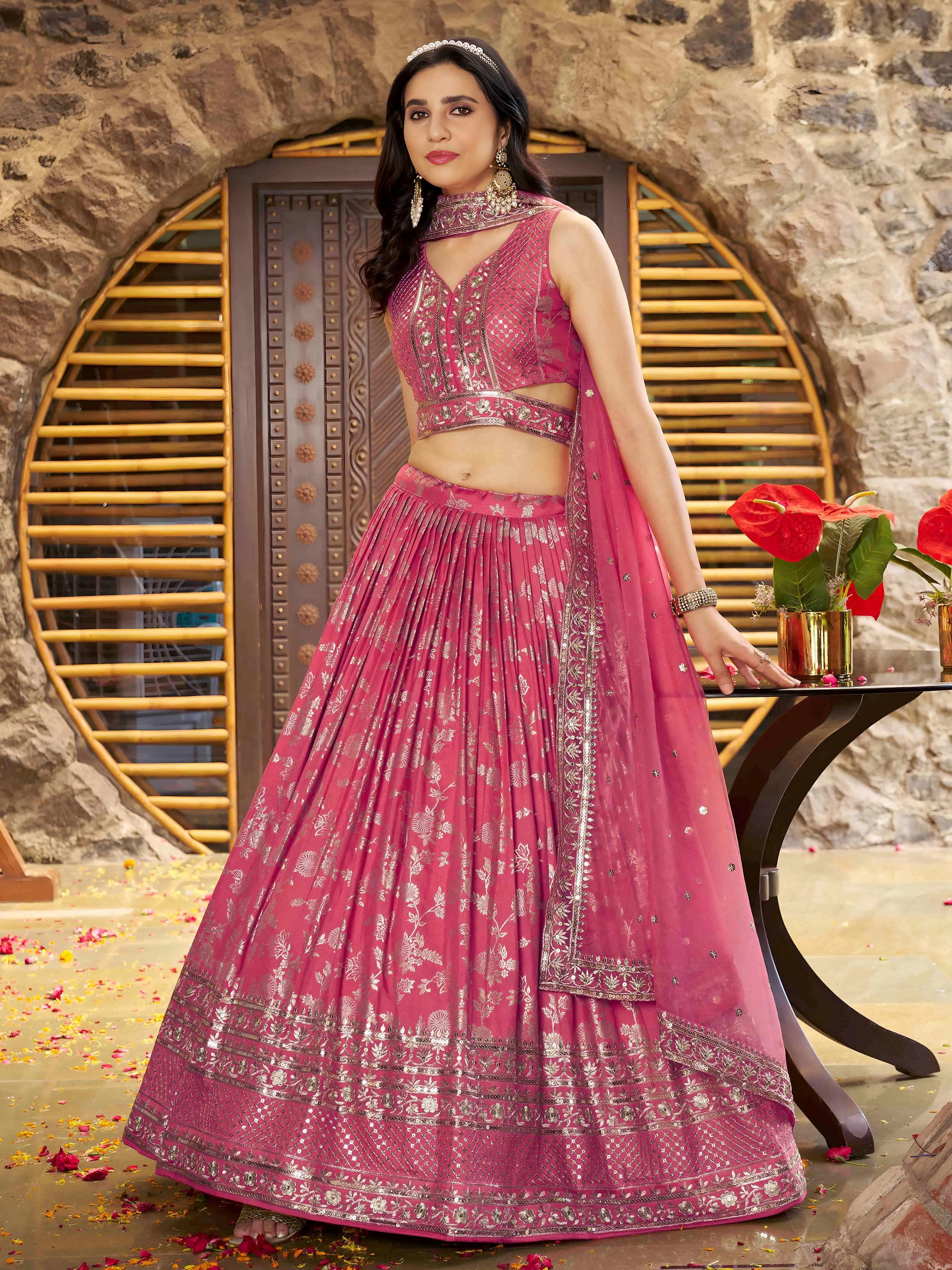Peach Dola silk jacquard embroidered lehenga choli with dupatta