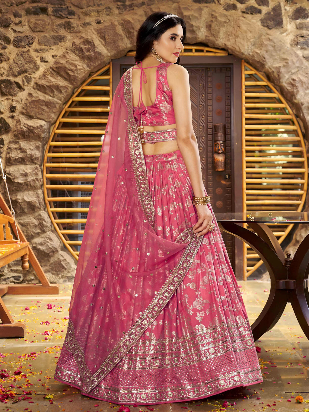 Peach Dola silk jacquard embroidered lehenga choli with dupatta