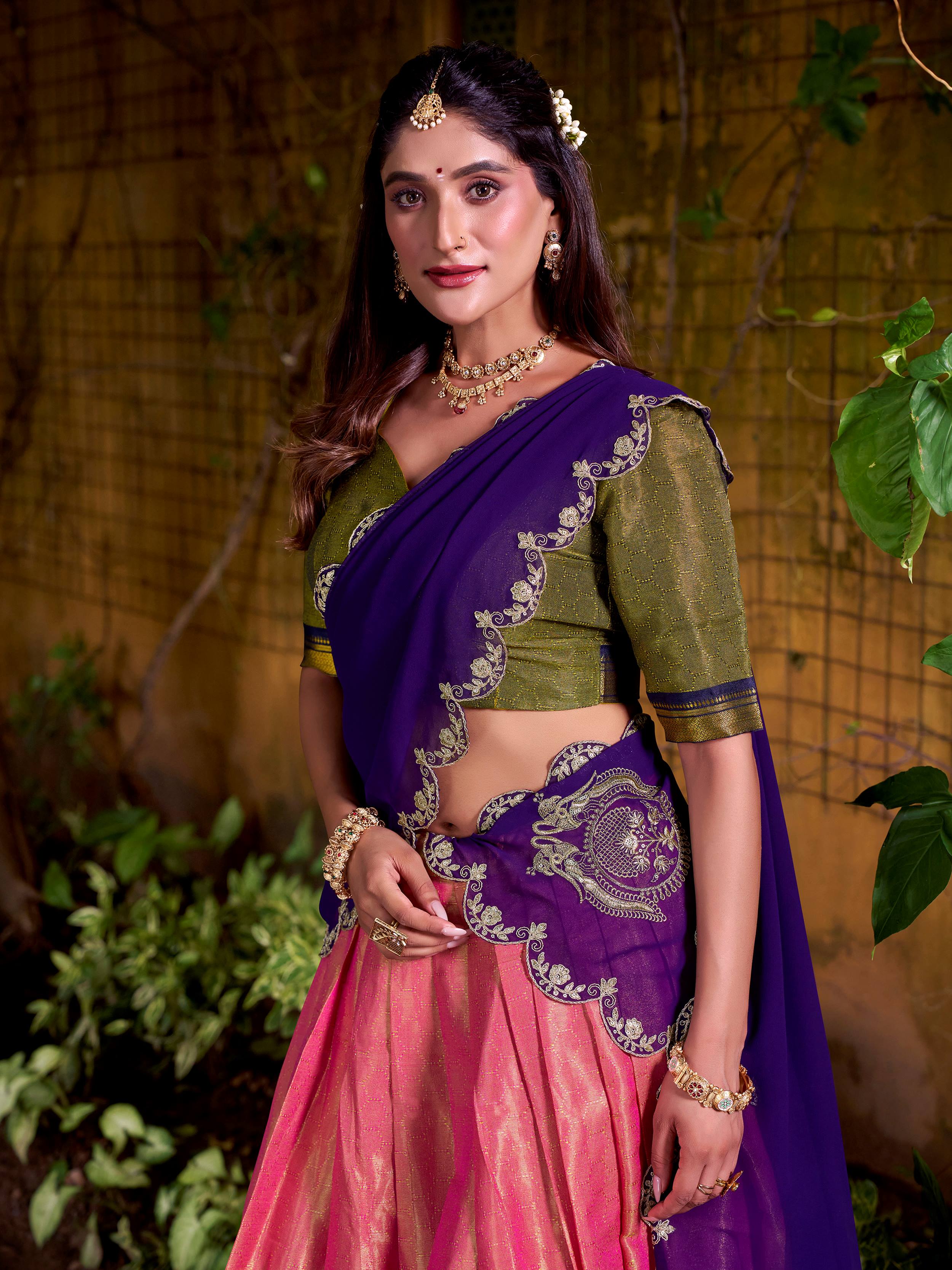 Peach kanchipuram silk lehenga choli with zari weaving and sequins embroidery