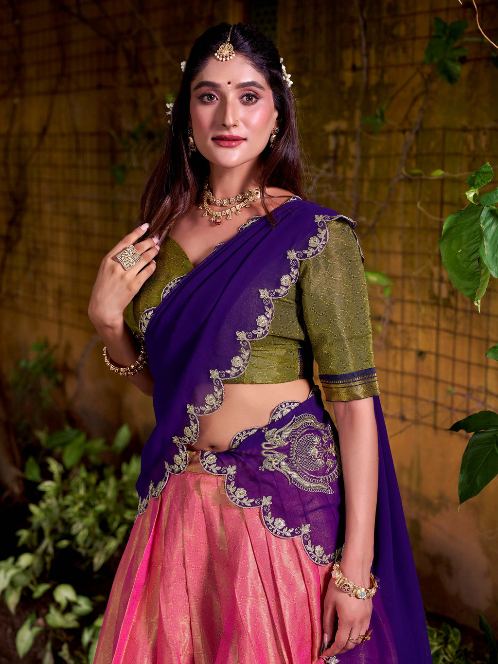 Peach kanchipuram silk lehenga choli with zari weaving and sequins embroidery