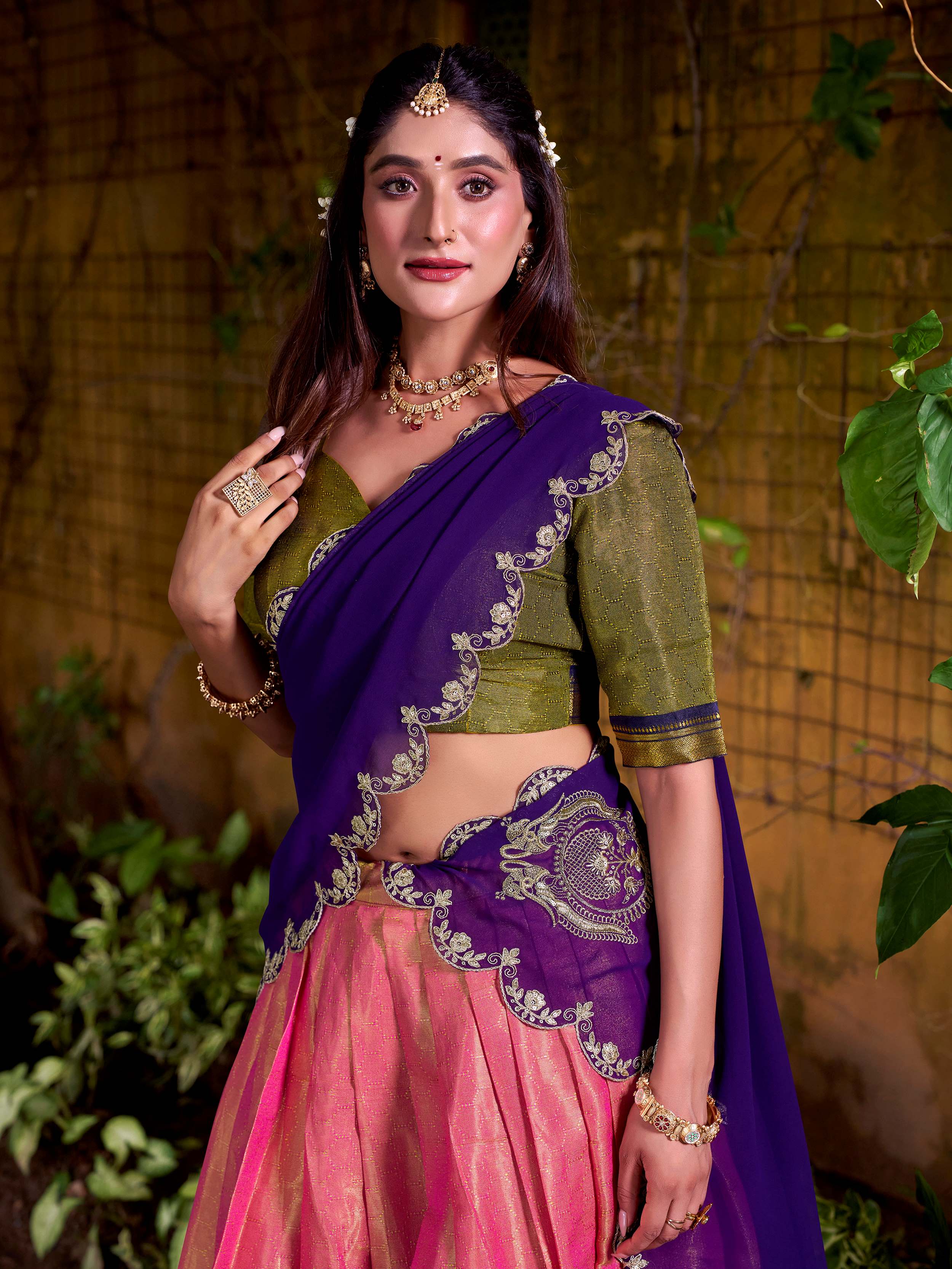 Peach kanchipuram silk lehenga choli with zari weaving and sequins embroidery