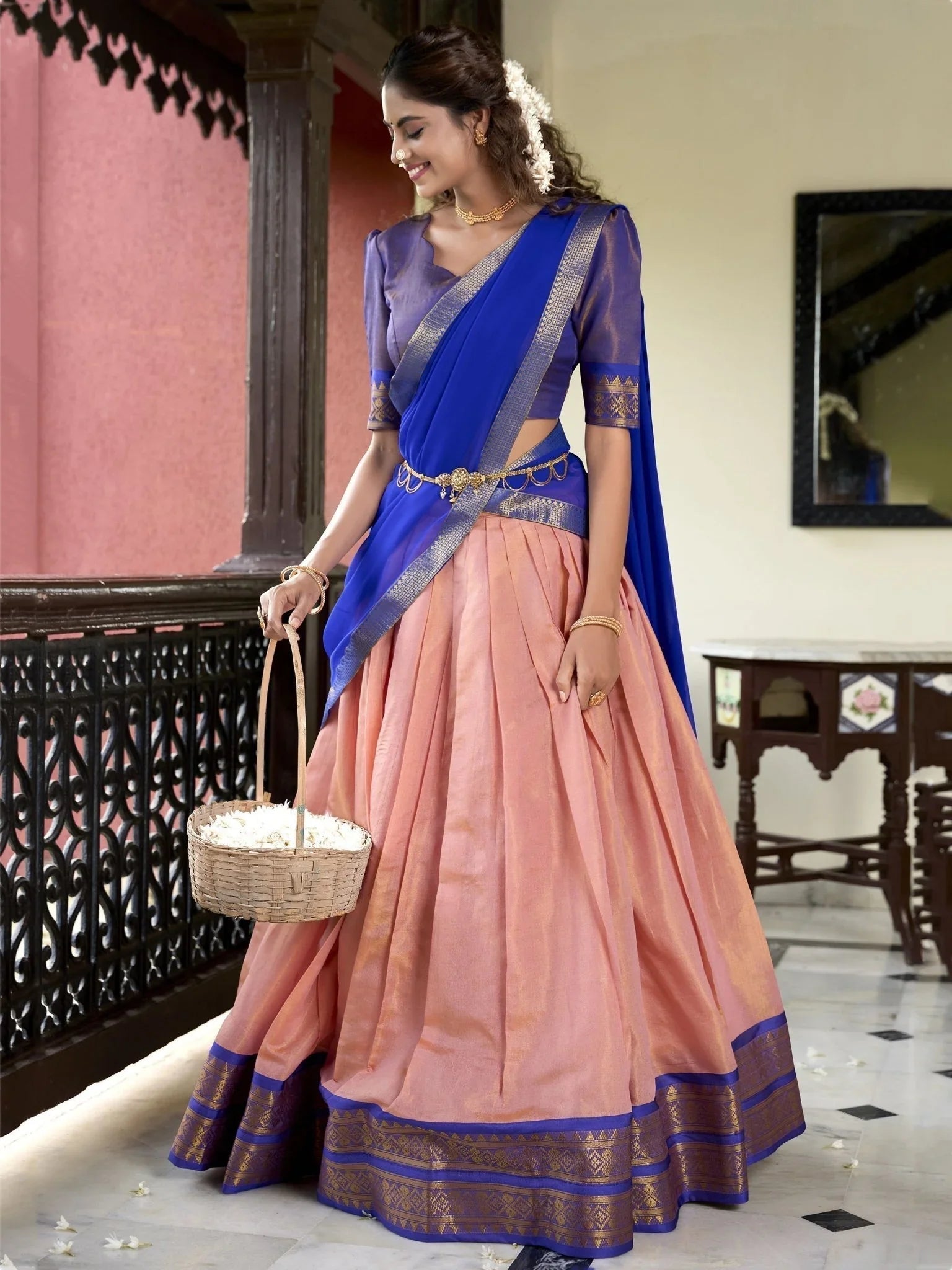 Peach Zari Weaving Work Kanchipuram Silk Lehenga Choli with Dupatta