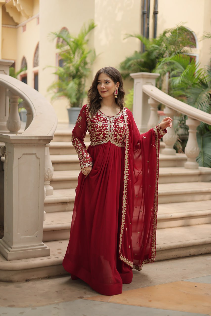 AMRITA PREMIUM WINE FAUX BLOOMING GOWN WITH SEQUINS EMBROIDERED WORK