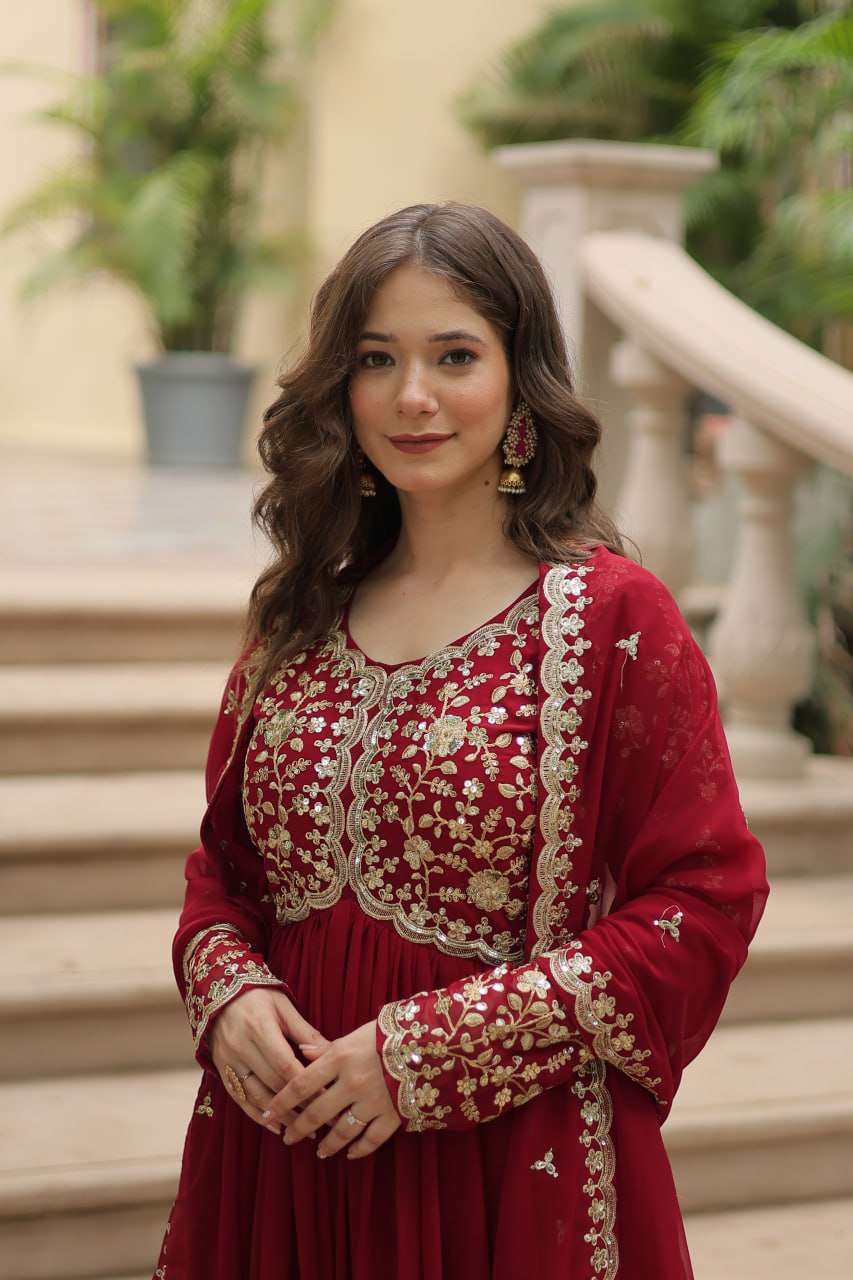 AMRITA PREMIUM WINE FAUX BLOOMING GOWN WITH SEQUINS EMBROIDERED WORK
