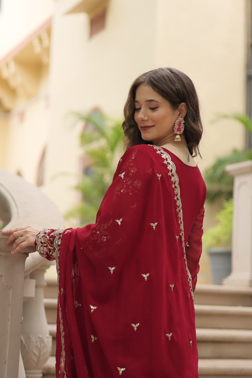 AMRITA PREMIUM WINE FAUX BLOOMING GOWN WITH SEQUINS EMBROIDERED WORK