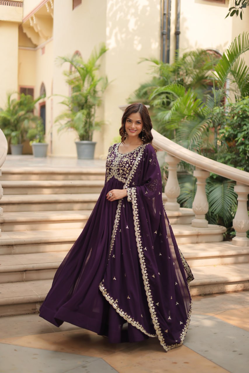 AMRITA PREMIUM WINE FAUX BLOOMING GOWN WITH SEQUINS EMBROIDERED WORK