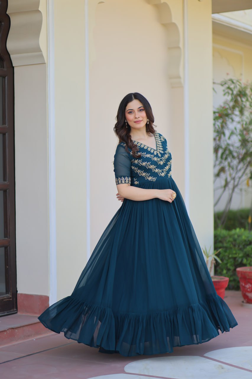 VAIDEHI FULLY FLARED RAMA FAUX BLOOMING GOWN WITH RICH SEQUINS BEADS EMBROIDERED WORK