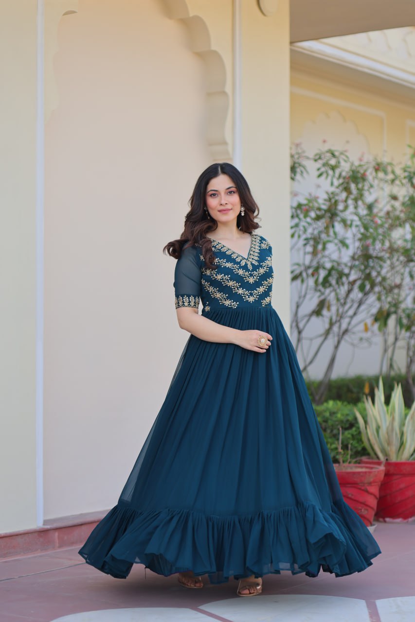 VAIDEHI FULLY FLARED RAMA FAUX BLOOMING GOWN WITH RICH SEQUINS BEADS EMBROIDERED WORK