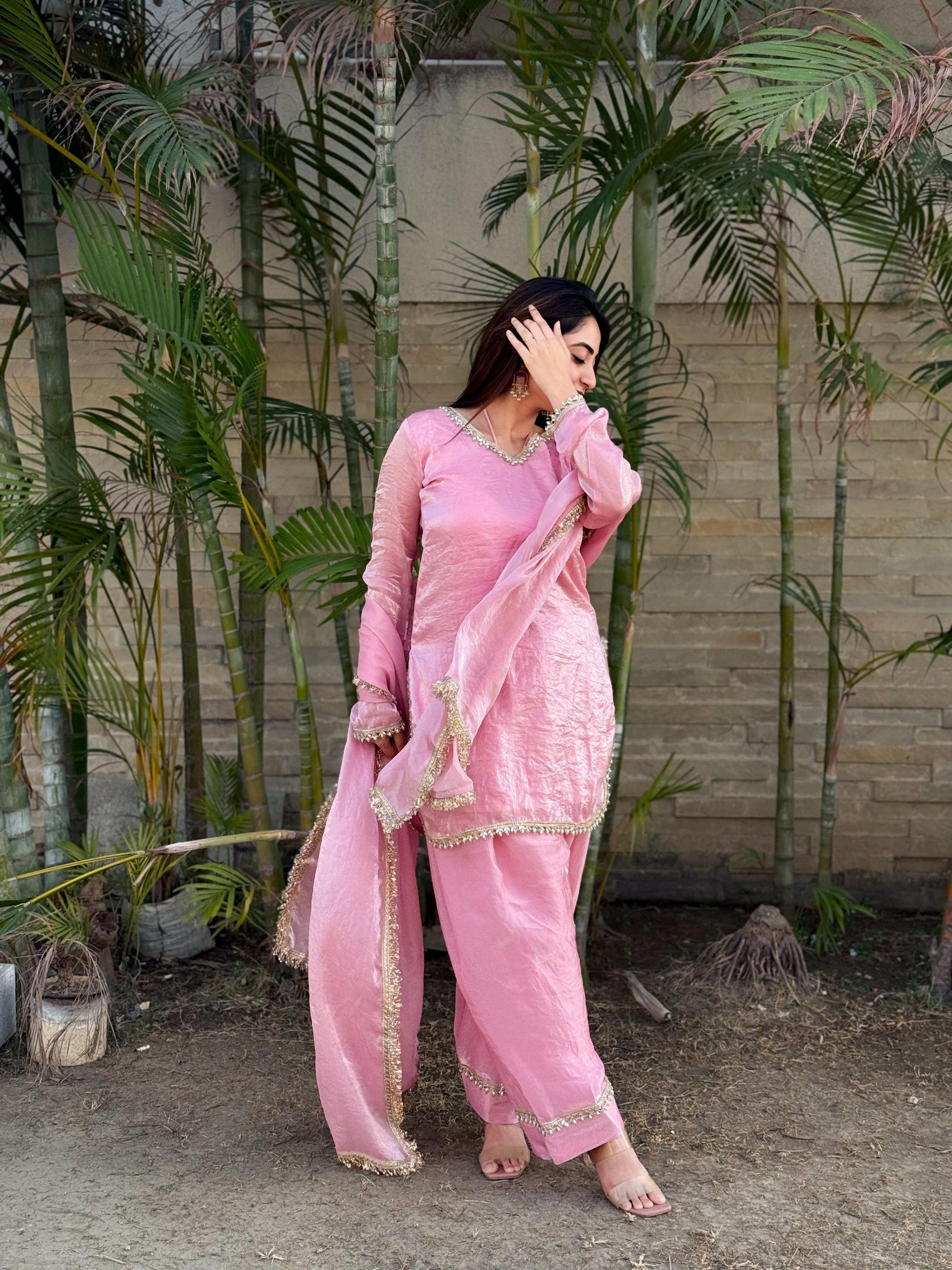 PREMIUM FENDY SILK SHARARA SUIT WITH PEARL MIRROR LACE WORK
