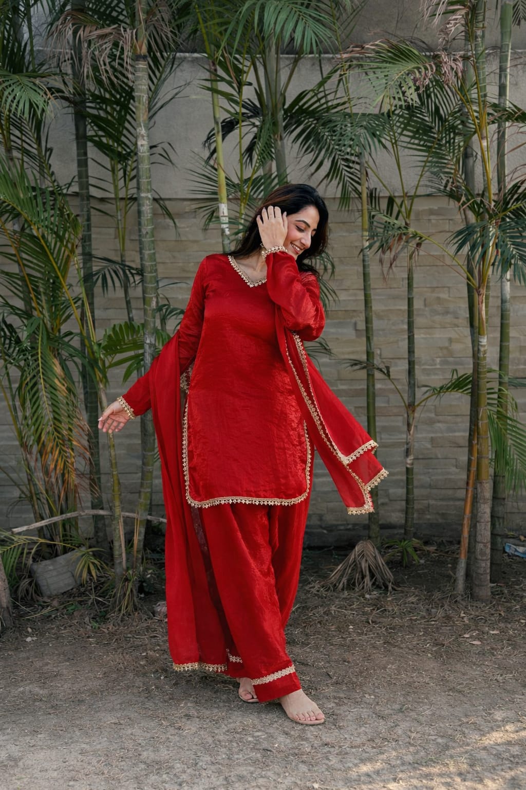 PREMIUM FENDY SILK SHARARA SUIT WITH PEARL MIRROR LACE WORK