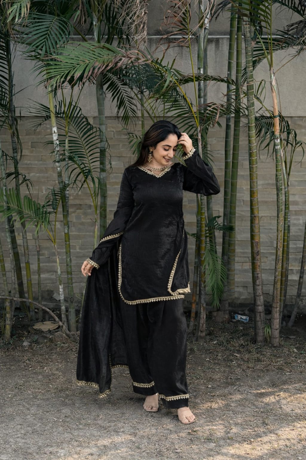 PREMIUM FENDY SILK SHARARA SUIT WITH PEARL MIRROR LACE WORK