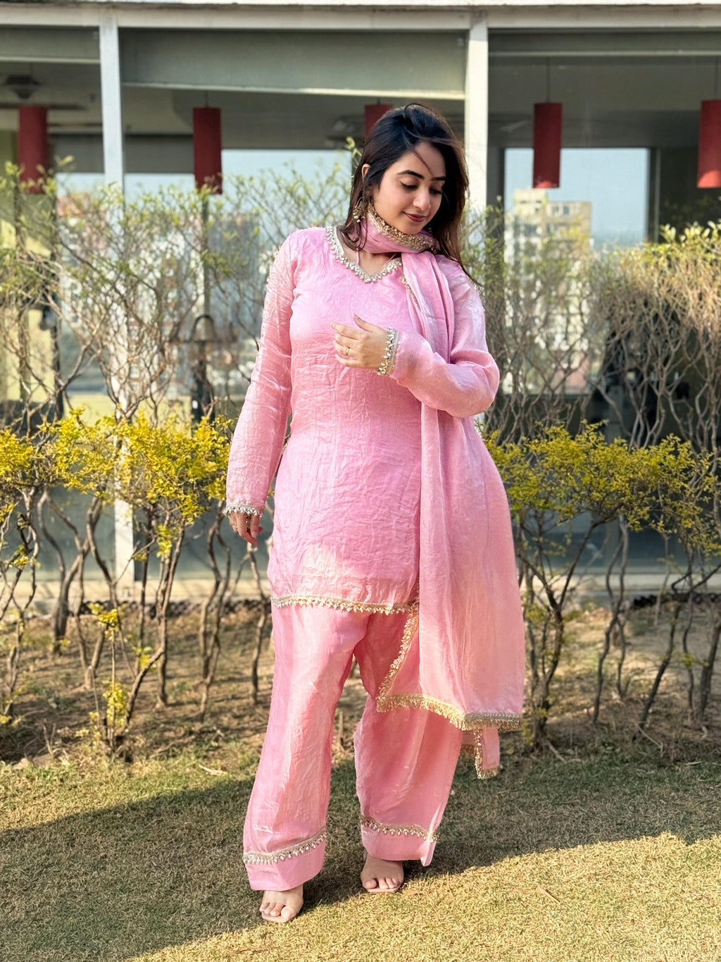 PREMIUM FENDY SILK SHARARA SUIT WITH PEARL MIRROR LACE WORK