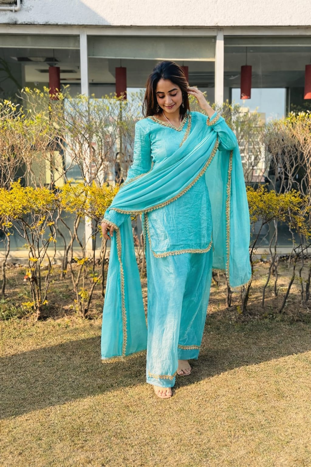 PREMIUM FENDY SILK SHARARA SUIT WITH PEARL MIRROR LACE WORK