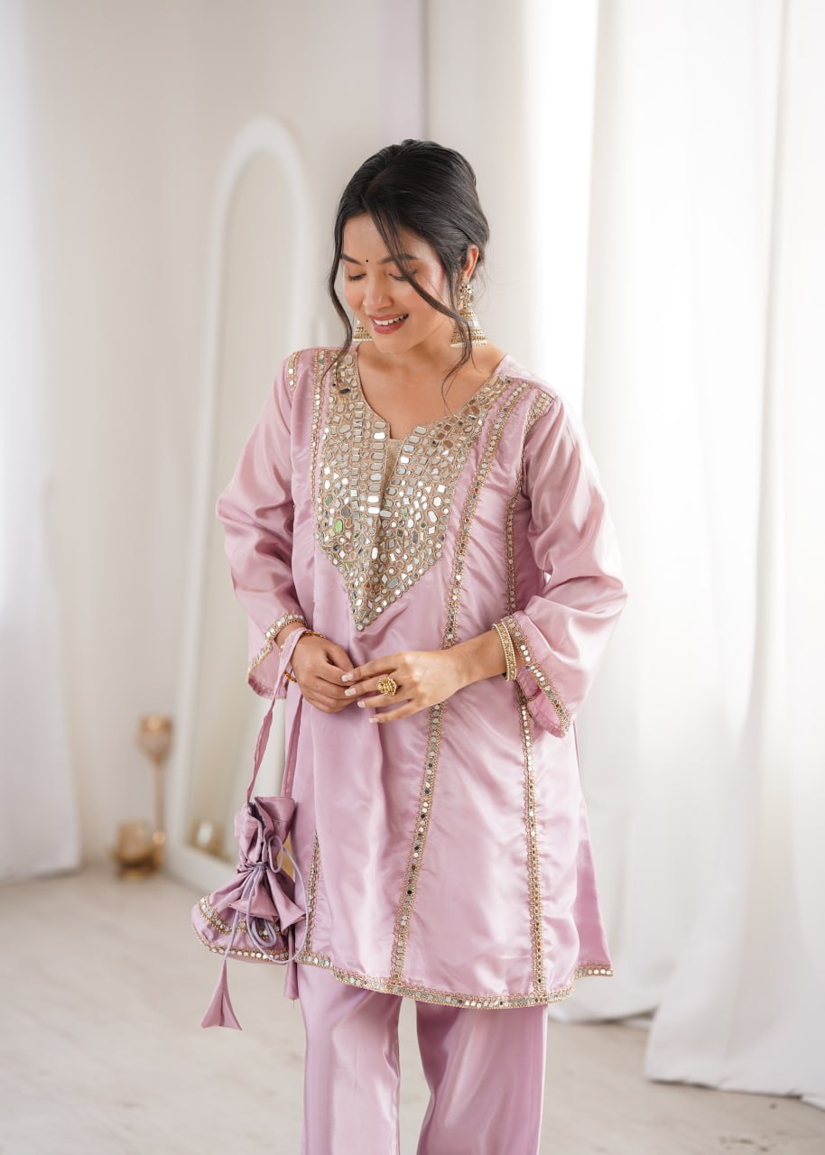 Suhani Light Pink HO Silk Mirror Embroidered Work Kurti Pant Set with Potli