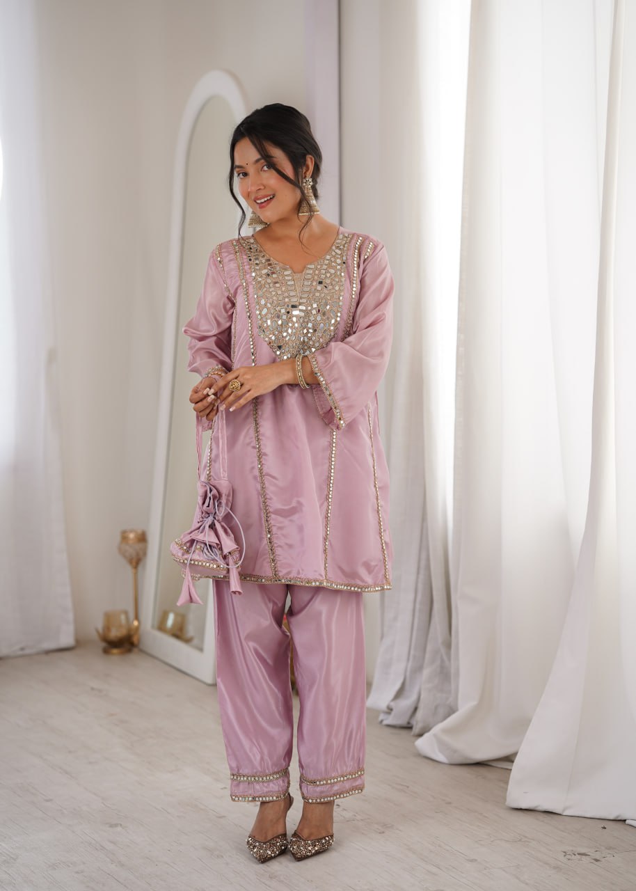 Suhani Light Pink HO Silk Mirror Embroidered Work Kurti Pant Set with Potli