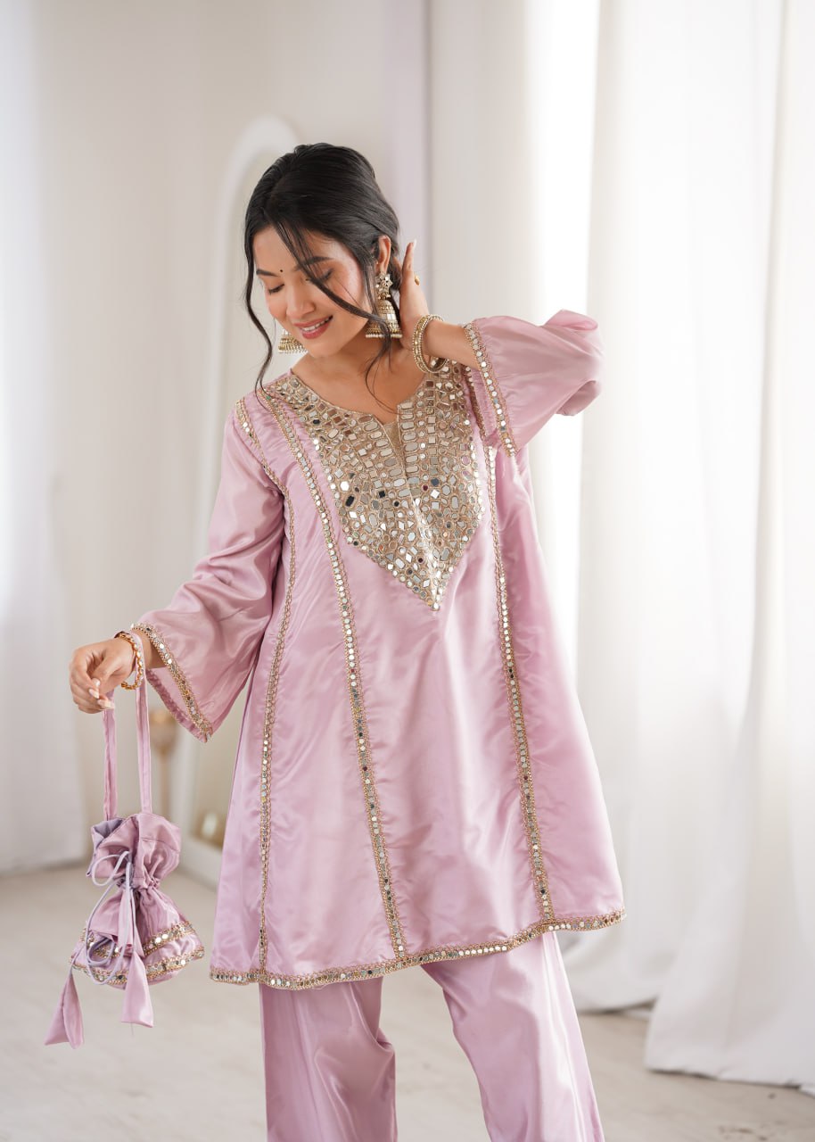 Suhani Light Pink HO Silk Mirror Embroidered Work Kurti Pant Set with Potli