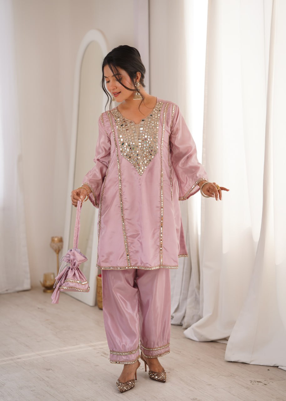 Suhani Light Pink HO Silk Mirror Embroidered Work Kurti Pant Set with Potli