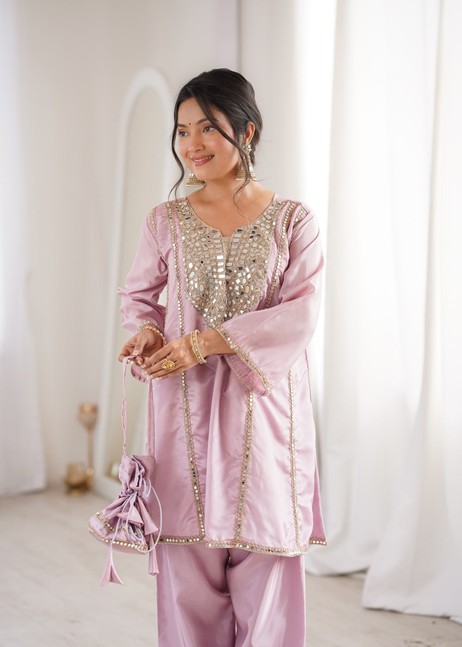 Suhani Light Pink HO Silk Mirror Embroidered Work Kurti Pant Set with Potli