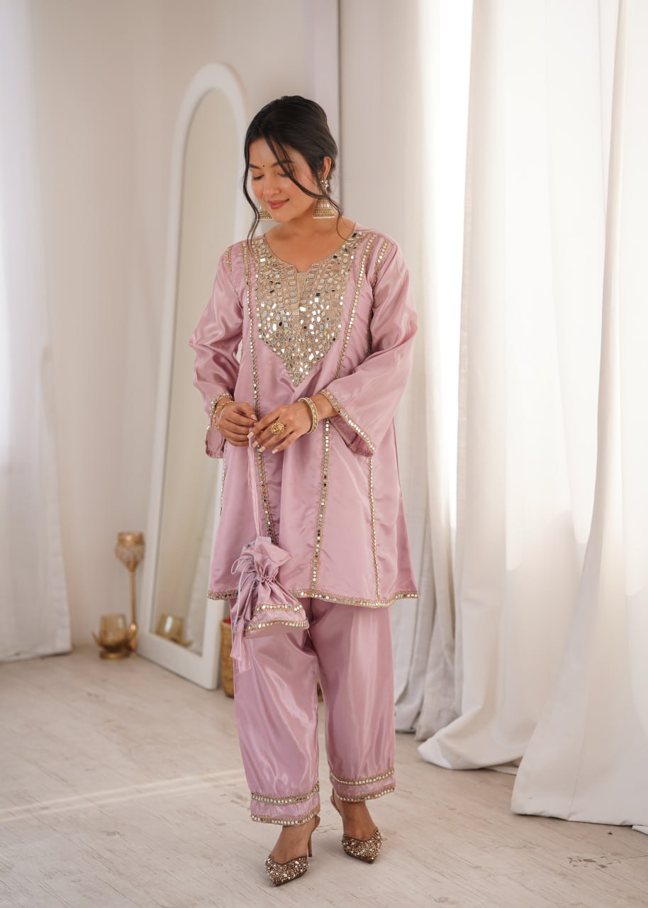 Suhani Light Pink HO Silk Mirror Embroidered Work Kurti Pant Set with Potli