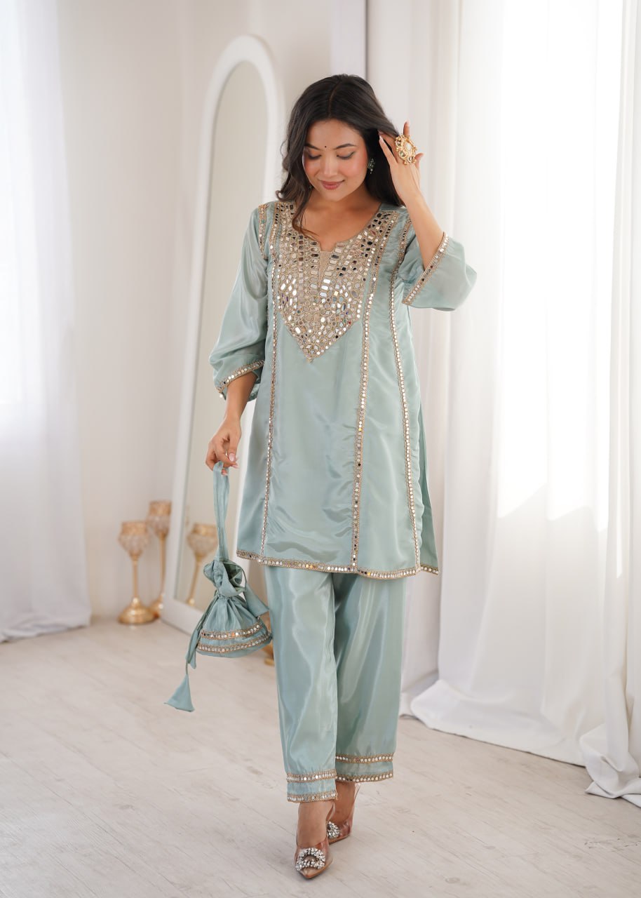 Suhani Turquoise HO Silk Mirror Embroidered Work Kurti Pant Set with Potli