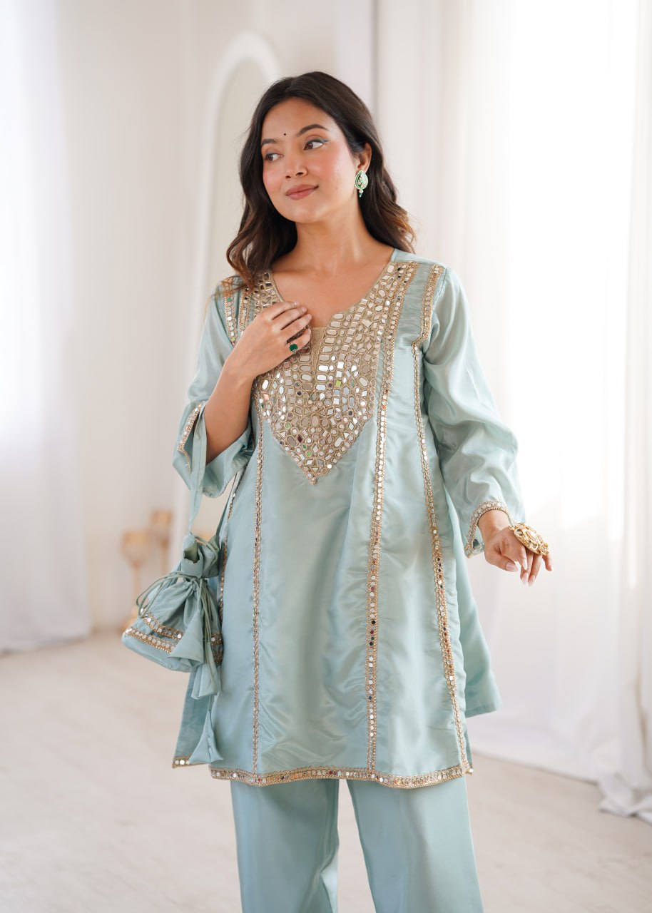 Suhani Turquoise HO Silk Mirror Embroidered Work Kurti Pant Set with Potli