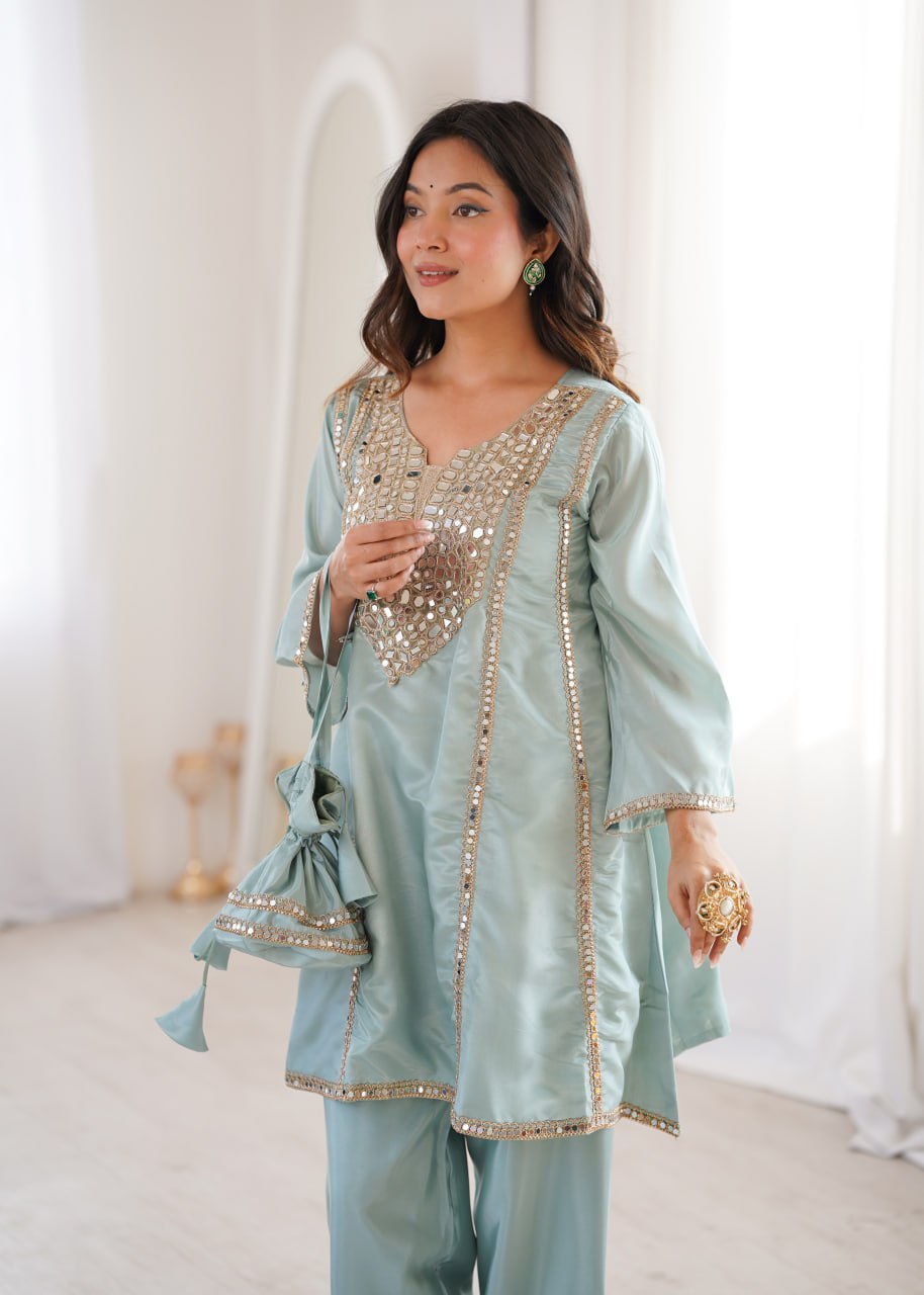 Suhani Turquoise HO Silk Mirror Embroidered Work Kurti Pant Set with Potli