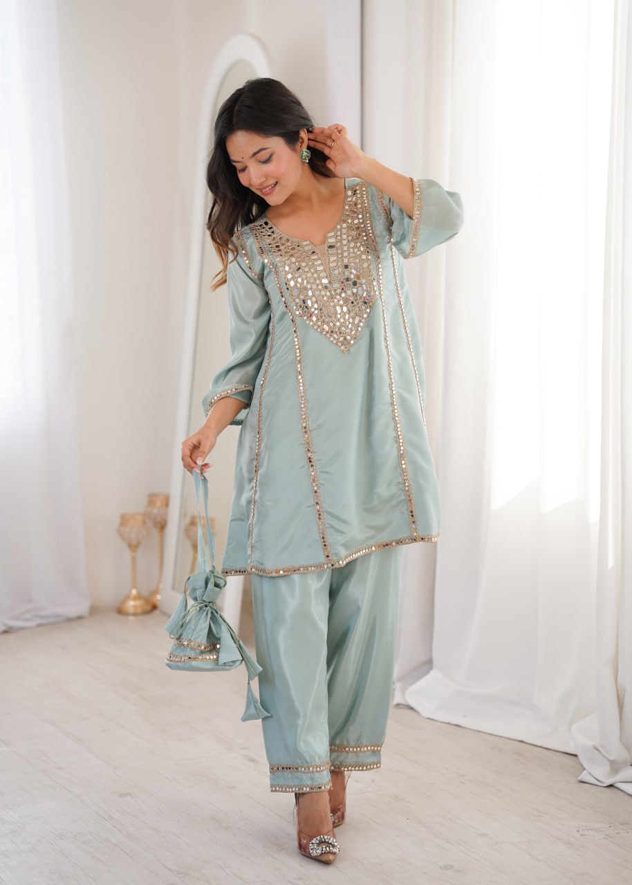 Suhani Turquoise HO Silk Mirror Embroidered Work Kurti Pant Set with Potli