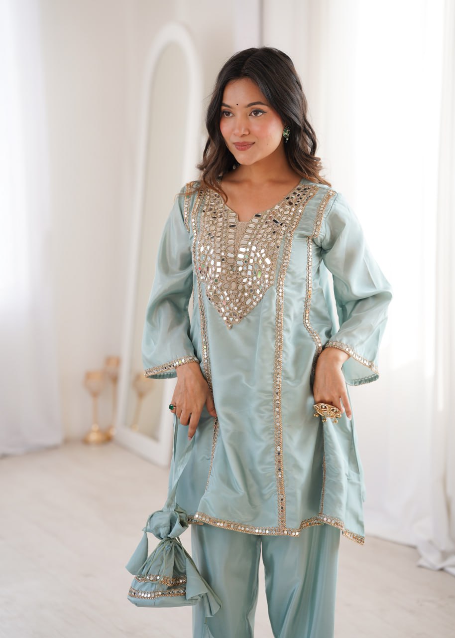 Suhani Turquoise HO Silk Mirror Embroidered Work Kurti Pant Set with Potli
