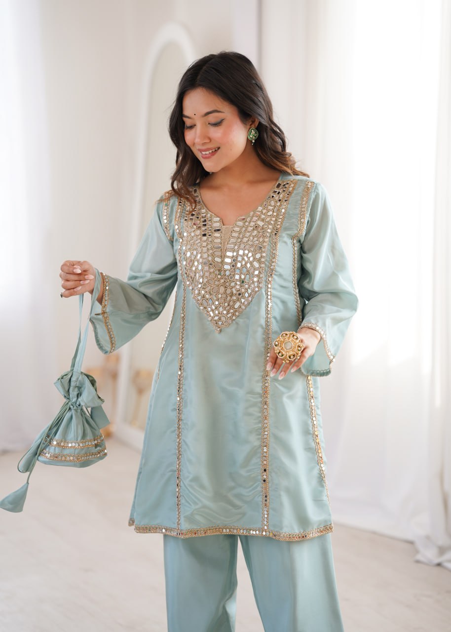 Suhani Turquoise HO Silk Mirror Embroidered Work Kurti Pant Set with Potli