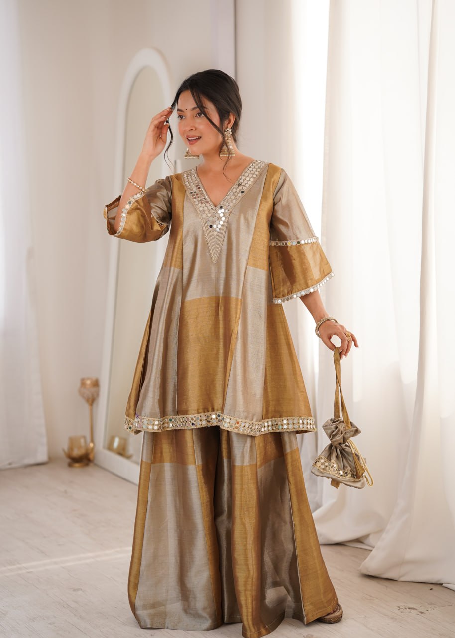 Manmohak Two-Tone Zari Shimmer Trending Mirror Work Top and Bottom Set With Batwa