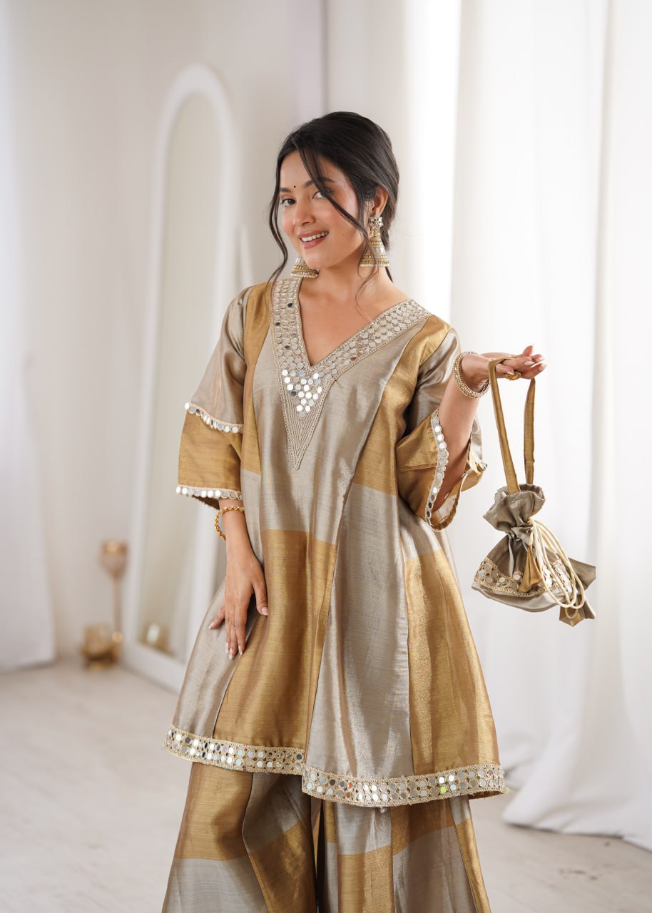 Manmohak Two-Tone Zari Shimmer Trending Mirror Work Top and Bottom Set With Batwa