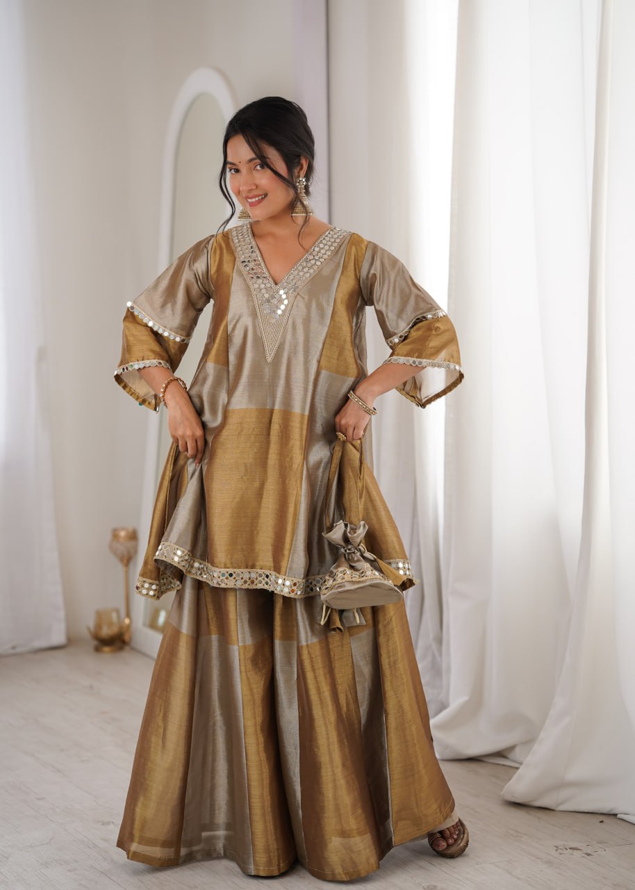 Manmohak Two-Tone Zari Shimmer Trending Mirror Work Top and Bottom Set With Batwa