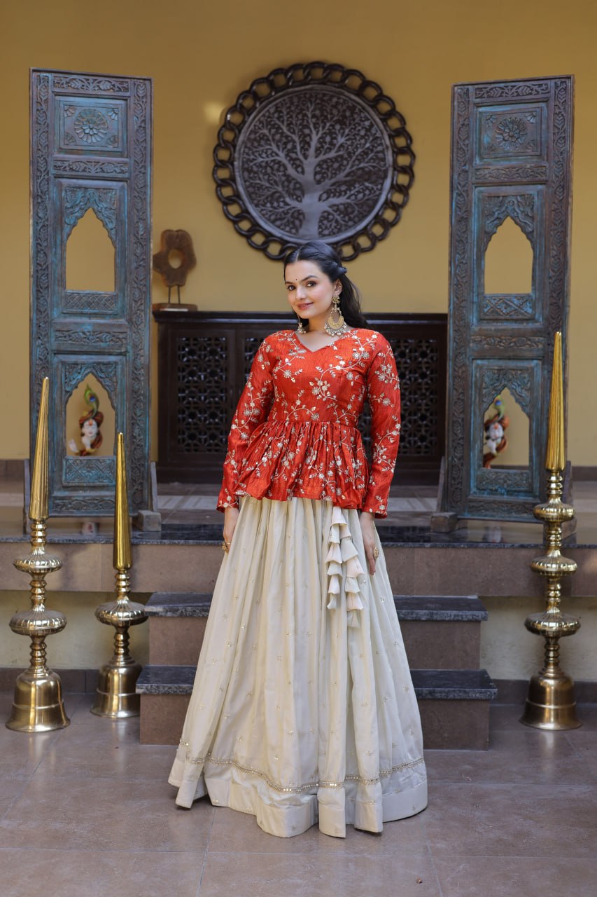Ananya Cosmos Butti With Orange fanta YSL Silk Sequins Embroidered Co-ord Set Lehenaga Choli