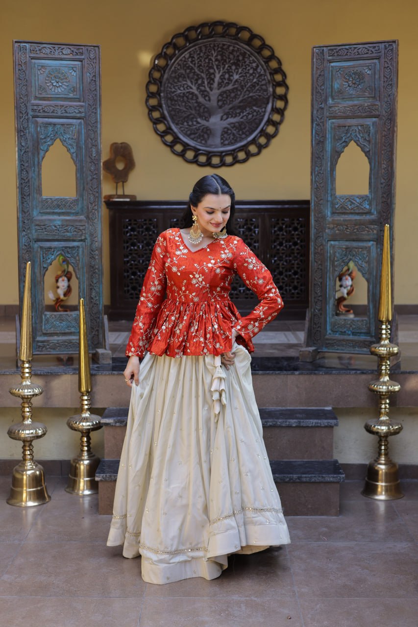 Ananya Cosmos Butti With Orange fanta YSL Silk Sequins Embroidered Co-ord Set Lehenaga Choli