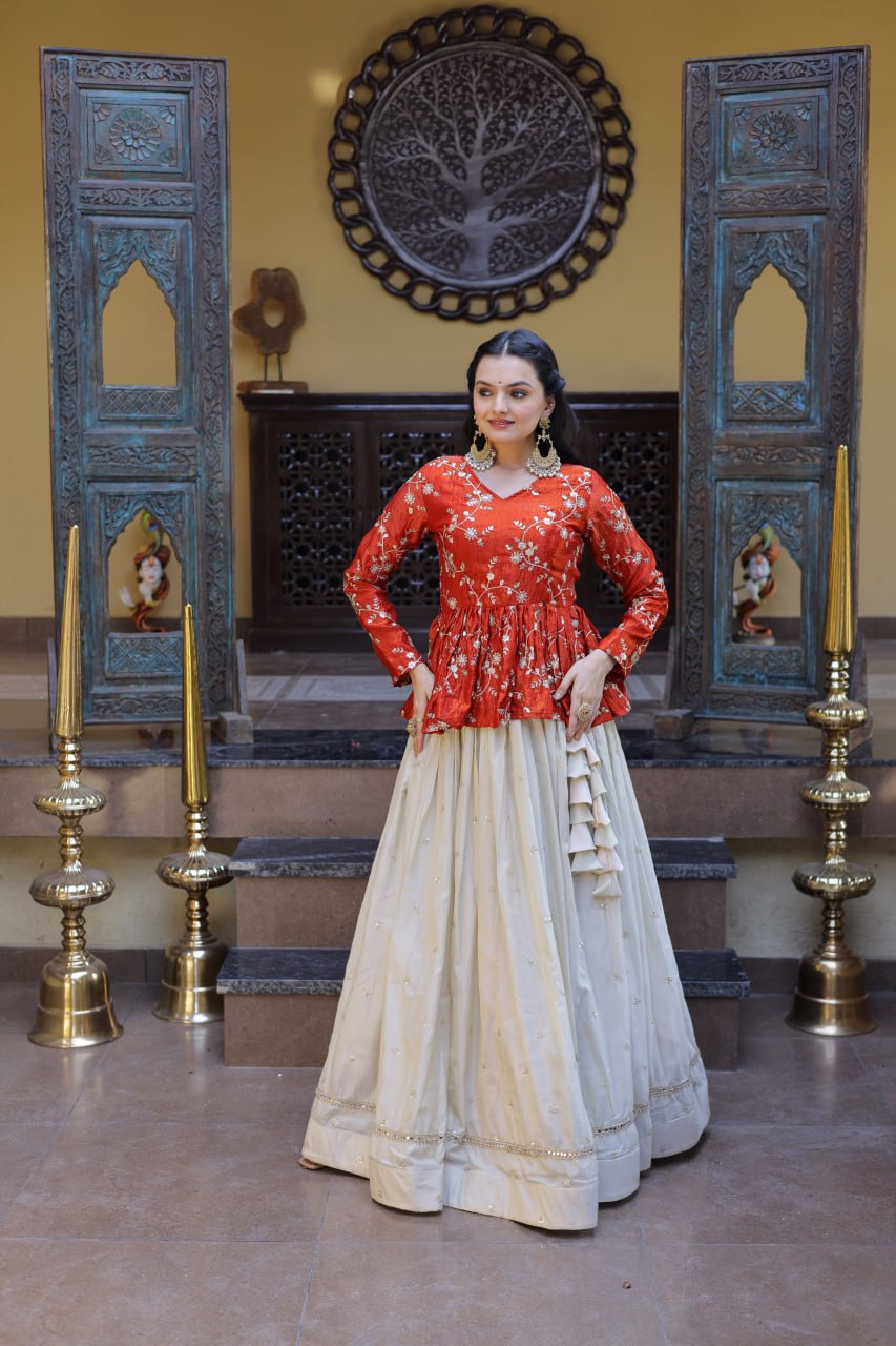 Ananya Cosmos Butti With Orange fanta YSL Silk Sequins Embroidered Co-ord Set Lehenaga Choli