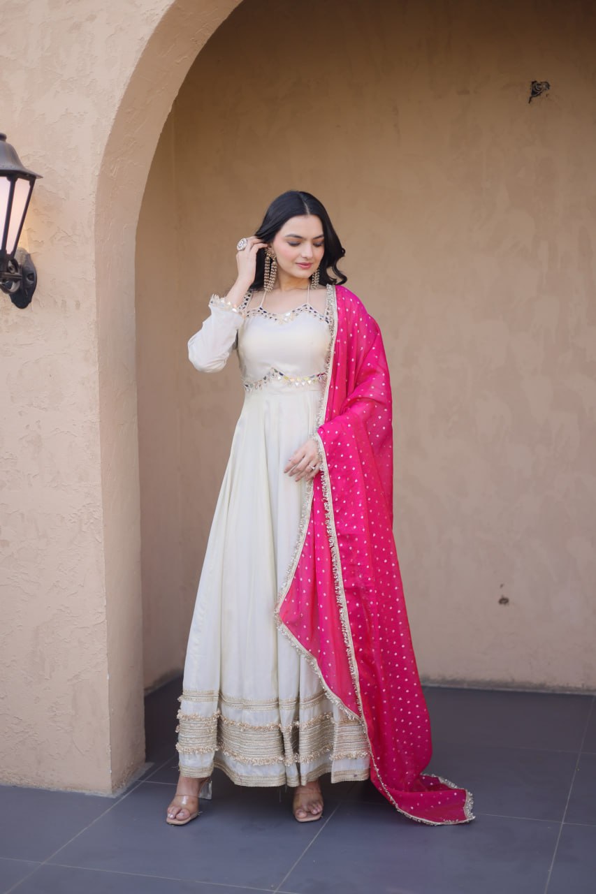 Komalika Cosmos Mirror Work Lace with Bandhani Moss zari Butti Gown Dupatta Set