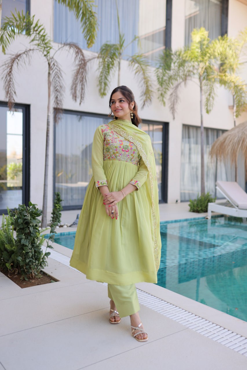 Anamika Pista Coloured Mal Chanderi  with Beads embroidery-work Gown Dupatta Set