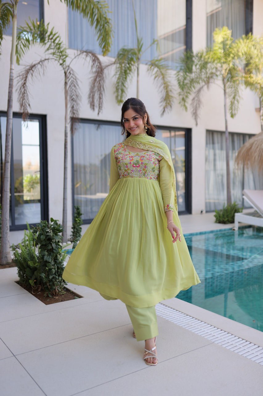 Anamika Pista Coloured Mal Chanderi  with Beads embroidery-work Gown Dupatta Set