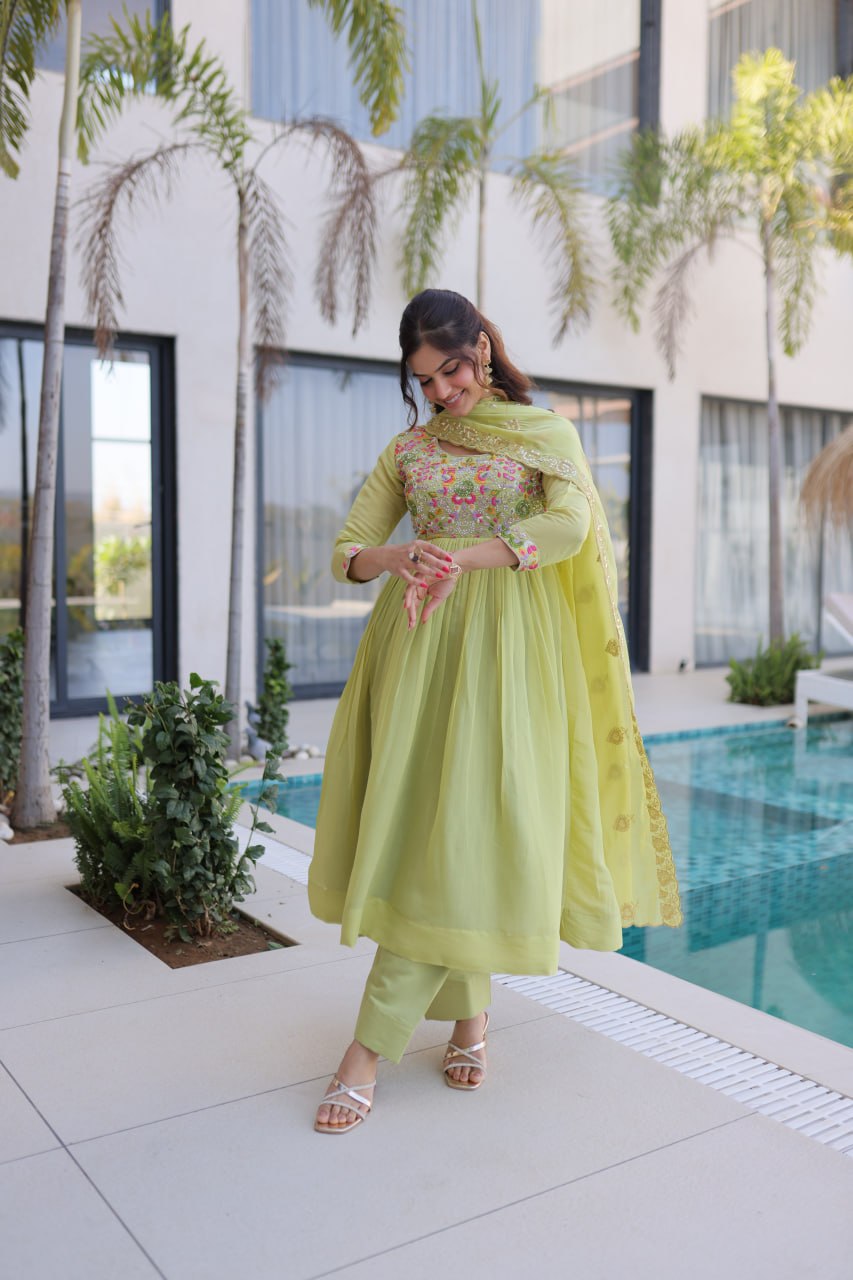 Anamika Pista Coloured Mal Chanderi  with Beads embroidery-work Gown Dupatta Set