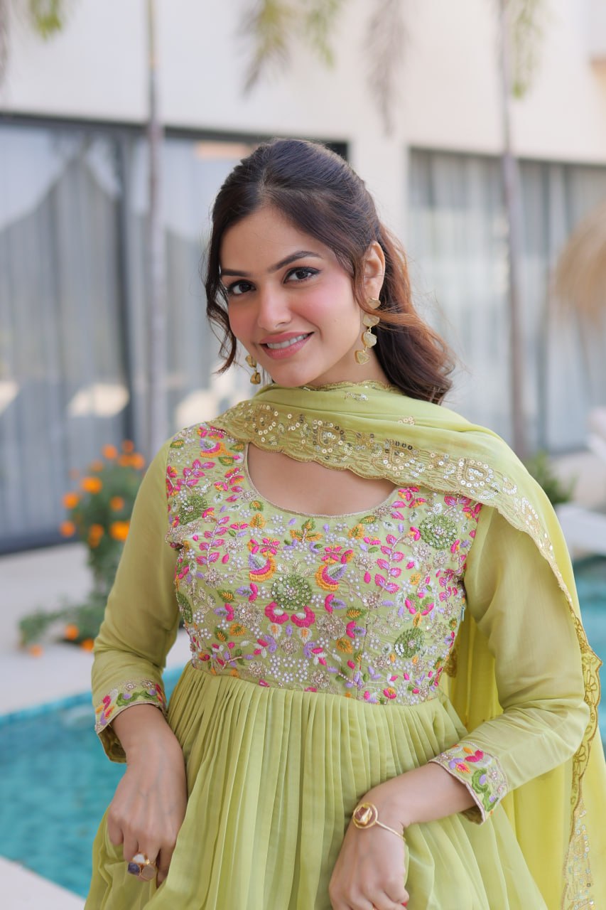 Anamika Pista Coloured Mal Chanderi  with Beads embroidery-work Gown Dupatta Set